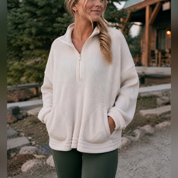 aerie Sweaters - Aerie Cream Waffle Knit Half Zip Pullover Oversized Sweater Large Cozy Neutral